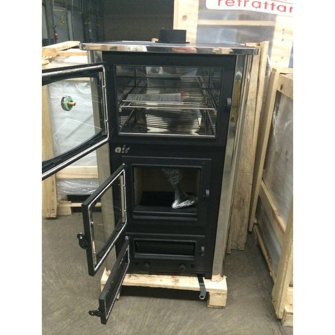 Compact wood cookstove with glass doors open to reveal cooking and fire chambers, featuring a sturdy black metal frame and polished sides, ideal for cookstoves and stoves collections.
