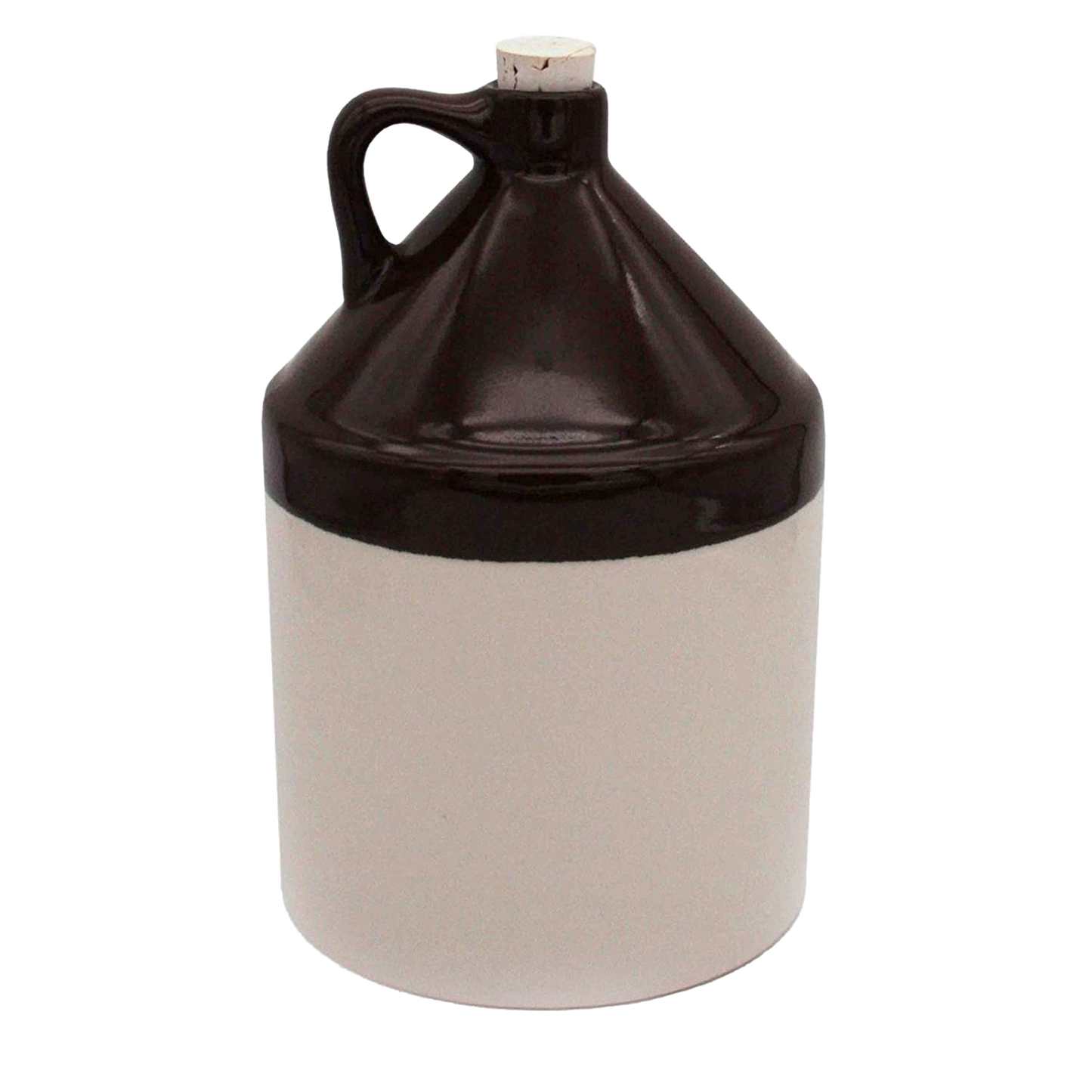 Handcrafted stoneware jug with handle in two-tone brown and cream glaze, includes cork, USA made, ideal for Kitchen & Food, Storage and Serving, Best Sellers, and Promo Eligible collections.