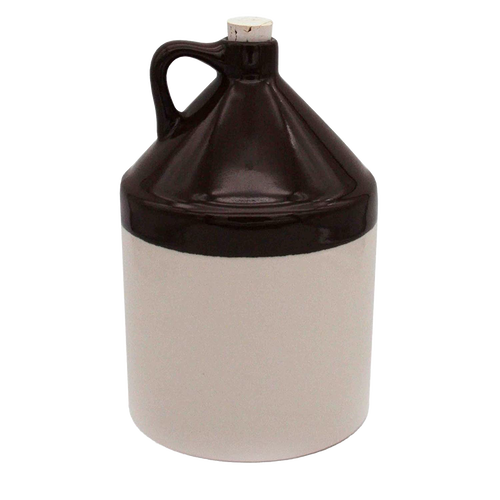 Handcrafted stoneware jug with handle in two-tone brown and cream glaze, includes cork, USA made, ideal for Kitchen & Food, Storage and Serving, Best Sellers, and Promo Eligible collections.