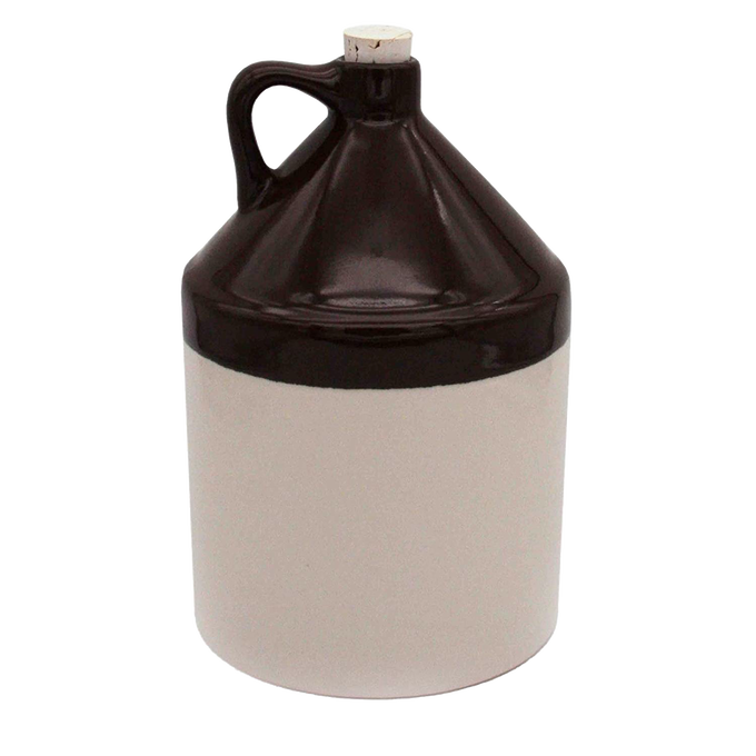 Handcrafted stoneware jug with handle in two-tone brown and cream glaze, includes cork, USA made, ideal for Kitchen & Food, Storage and Serving, Best Sellers, and Promo Eligible collections.