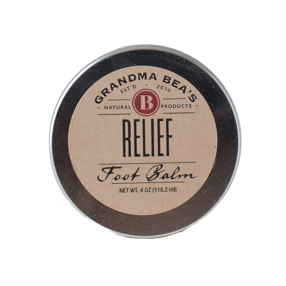 Round metal tin of handcrafted relief balm for soothing tired feet, featuring a simple natural label, made in USA and part of Health & Wellness and Balms, Creams and Lotions collections.