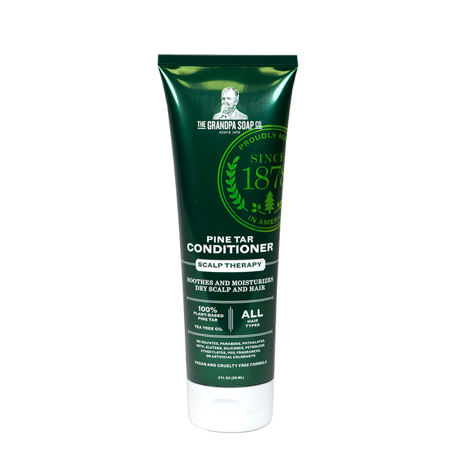 Deep green tube of handcrafted pine tar conditioner with scalp therapy formula, made in USA, designed to soothe and moisturize dry scalp and hair, featured in Health & Wellness and Best Sellers collections.