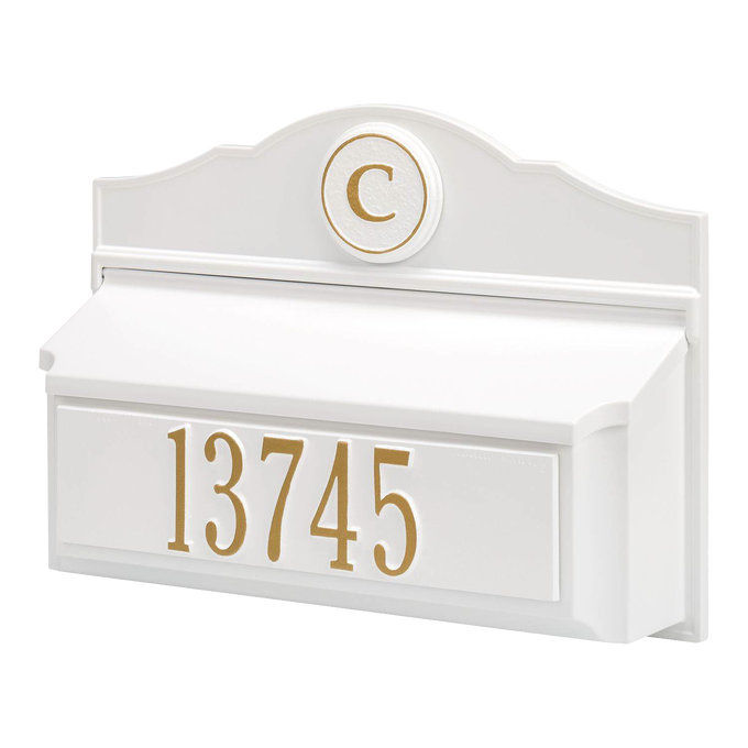 Custom handcrafted white wall mount mailbox with gold embossed house number and monogram, made in USA, enhancing curb appeal in Home & Decor and Mailboxes collections.