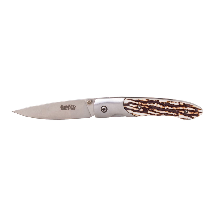 Slim folding knife with a stainless steel blade and textured antler handle, ideal for Farm, Garden & Tool, Knives & Axes, and Pocket Knives collections, popular and promo eligible.