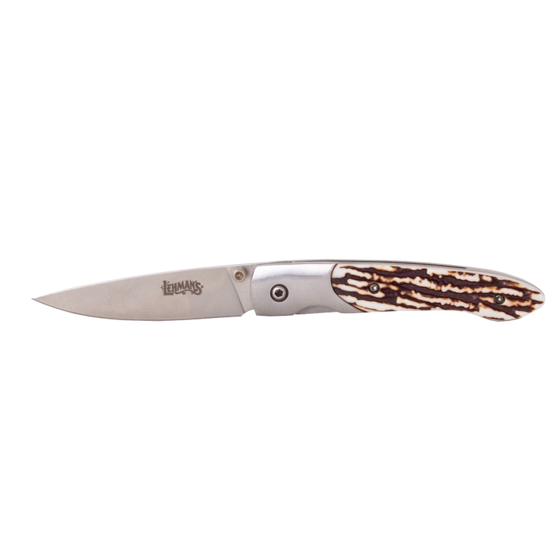 Slim folding knife with a stainless steel blade and textured antler handle, ideal for Farm, Garden & Tool, Knives & Axes, and Pocket Knives collections, popular and promo eligible.
