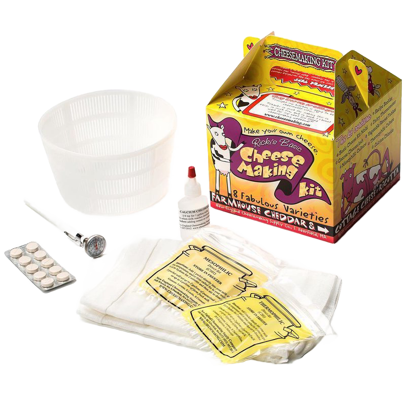 Basic cheese making kit with plastic mold, thermometer, calcium chloride, rennet tablets, and cheesecloth, perfect for Kitchen & Food, Specialty Equipment, DIY Cheese and Yogurt, Best Sellers, and Promo Eligible collections.