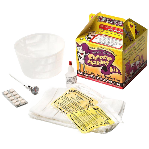 Basic cheese making kit with plastic mold, thermometer, calcium chloride, rennet tablets, and cheesecloth, perfect for Kitchen & Food, Specialty Equipment, DIY Cheese and Yogurt, Best Sellers, and Promo Eligible collections.