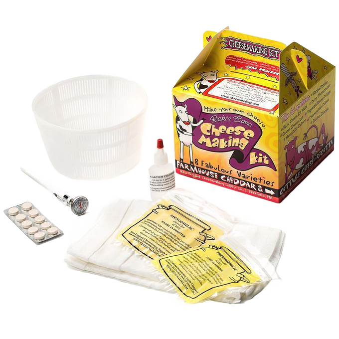 Basic cheese making kit with plastic mold, thermometer, calcium chloride, rennet tablets, and cheesecloth, perfect for Kitchen & Food, Specialty Equipment, DIY Cheese and Yogurt, Best Sellers, and Promo Eligible collections.