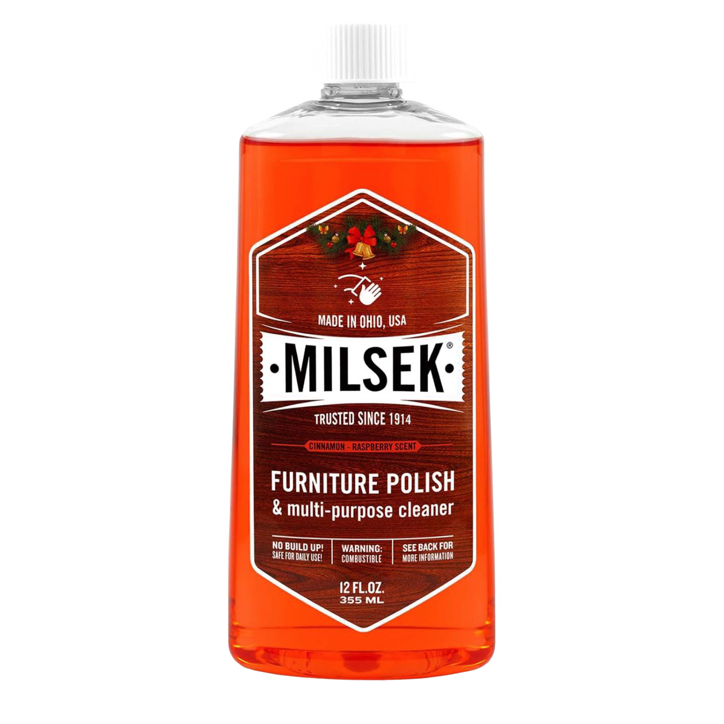 Clear plastic bottle of orange-hued wood furniture polish and multi-purpose cleaner with white cap and vintage-style label, ideal for Home & Decor, Household Cleaning, and USA Made collections.