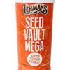 Tall cylindrical container with bright orange label reading "Seed Vault Mega" featuring over 50,000 heirloom seeds, designed for Farm, Garden & Tool and Seeds and Planting collections with USA Made quality.
