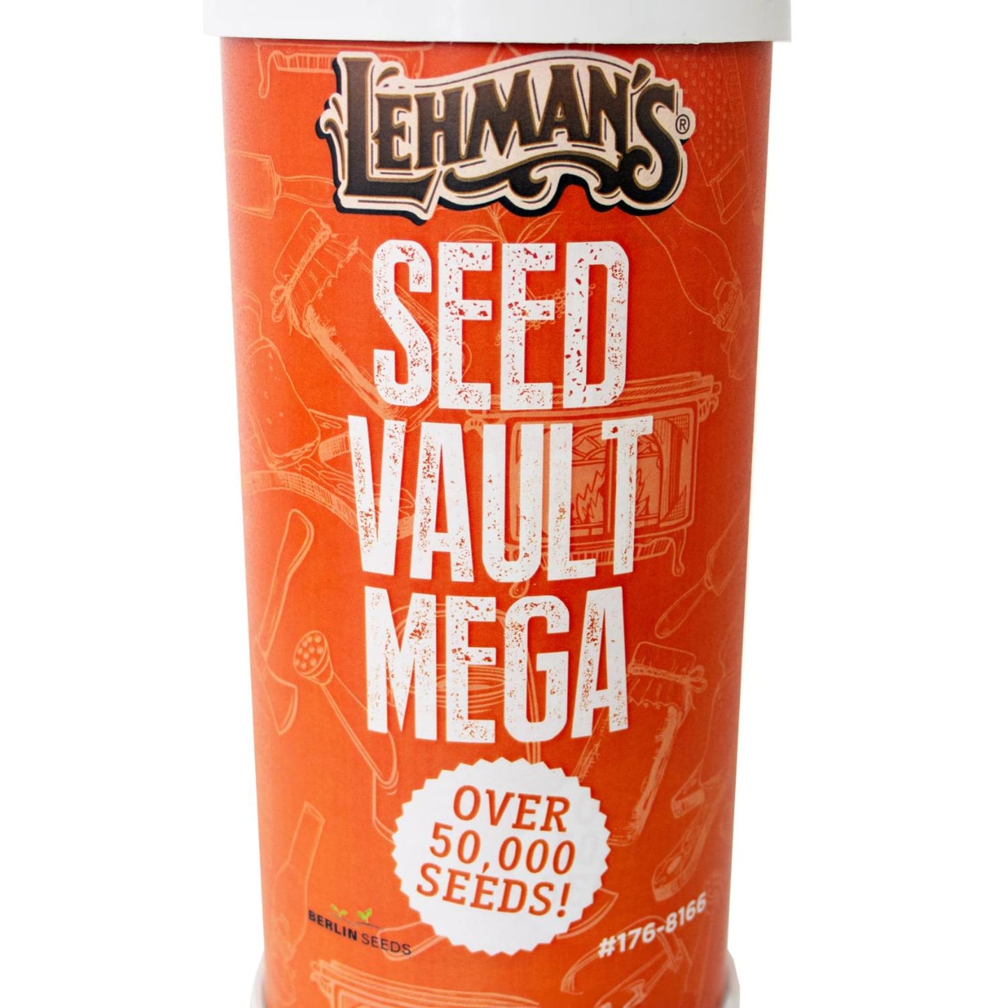 Tall cylindrical container with bright orange label reading "Seed Vault Mega" featuring over 50,000 heirloom seeds, designed for Farm, Garden & Tool and Seeds and Planting collections with USA Made quality.