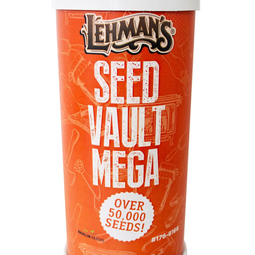 Tall cylindrical container with bright orange label reading "Seed Vault Mega" featuring over 50,000 heirloom seeds, designed for Farm, Garden & Tool and Seeds and Planting collections with USA Made quality.