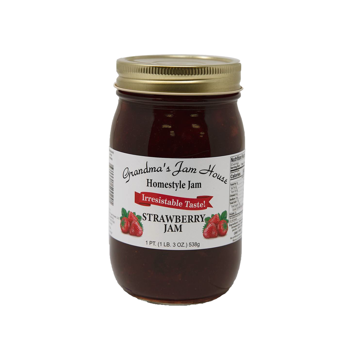 Handcrafted jar of strawberry jam with gold lid and white label featuring strawberry illustrations, made in USA, included in Kitchen & Food, Pantry, Peanut Butter & Jellies, Best Sellers, and Promo Eligible collections.