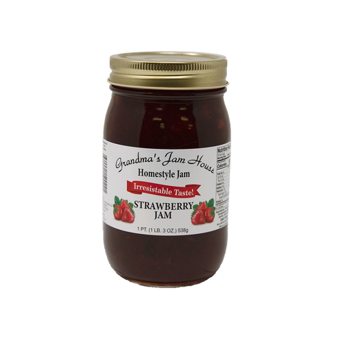 Handcrafted jar of strawberry jam with gold lid and white label featuring strawberry illustrations, made in USA, included in Kitchen & Food, Pantry, Peanut Butter & Jellies, Best Sellers, and Promo Eligible collections.