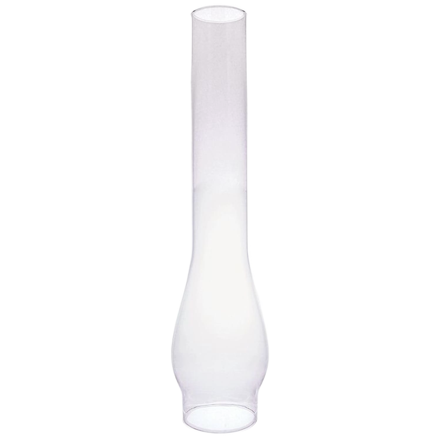Clear glass oil lamp chimney with a 2-5/8 inch base and bulbous shape, ideal for Lamps & Lighting, Parts and Accessories, and Chimneys and Globes collections.