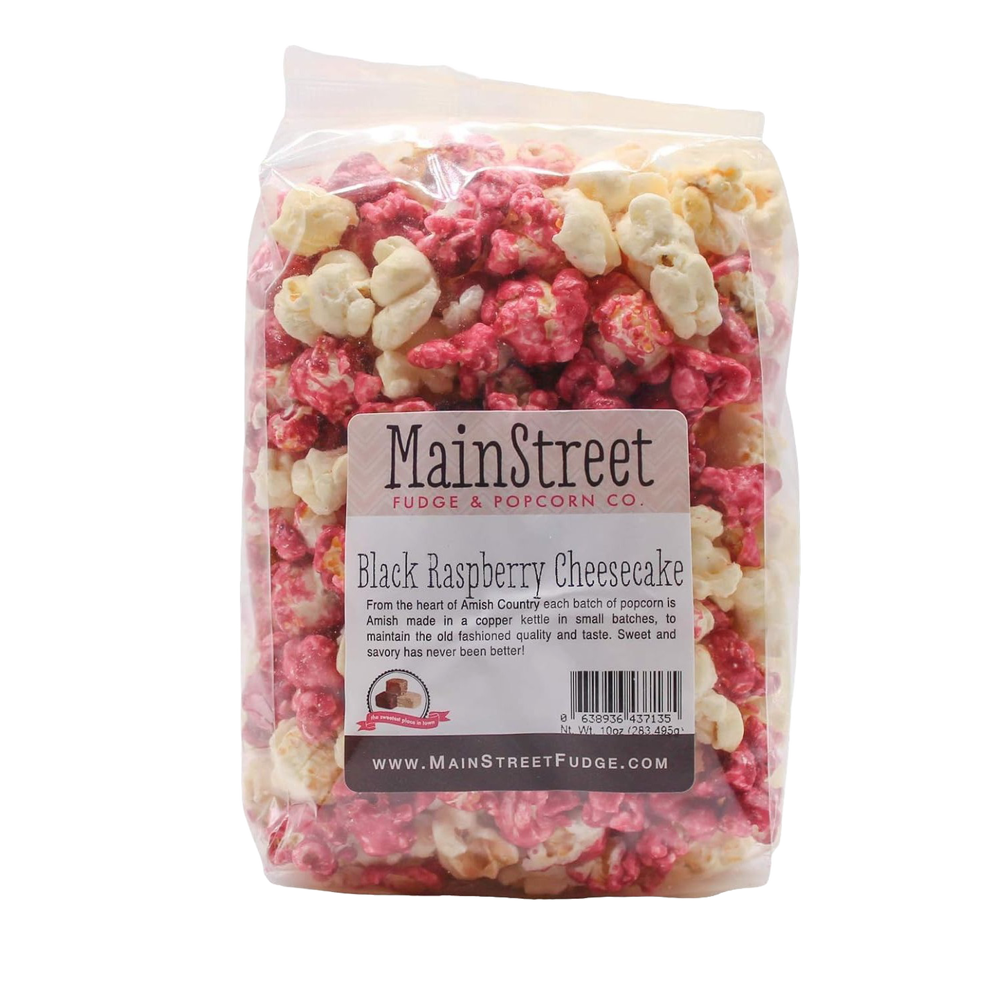 Clear bag of handcrafted popcorn in vibrant white and deep raspberry colors, featuring a sweet and savory black raspberry cheesecake flavor, Amish-made in USA, ideal for Kitchen & Food, Snacks and Sweets, Popcorn, USA Made, Best Sellers, and Promo Eligible collections.