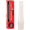 Tall clear glass chimney with printed logo next to red box packaging highlighting shatter resistance, suitable for Lamps & Lighting, Parts and Accessories, Chimneys and Globes, and Best Sellers collections.