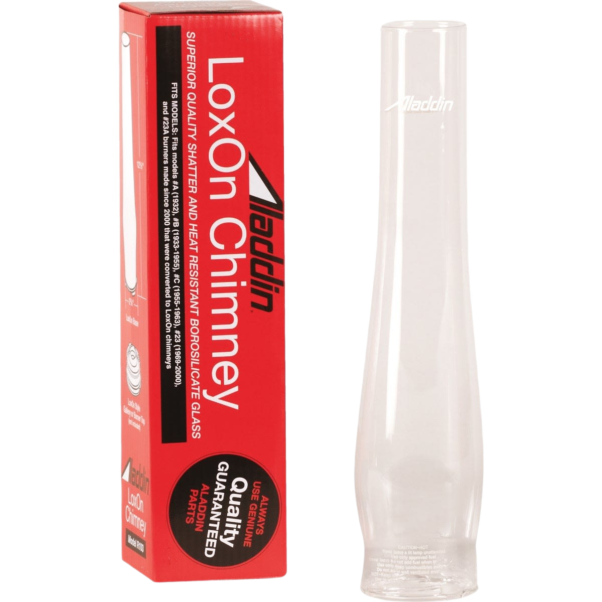 Tall clear glass chimney with printed logo next to red box packaging highlighting shatter resistance, suitable for Lamps & Lighting, Parts and Accessories, Chimneys and Globes, and Best Sellers collections.