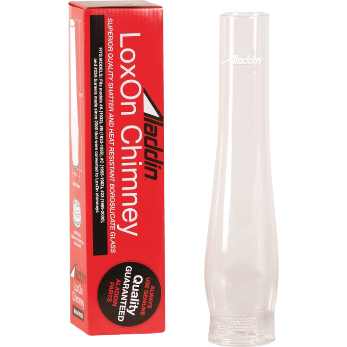 Tall clear glass chimney with printed logo next to red box packaging highlighting shatter resistance, suitable for Lamps & Lighting, Parts and Accessories, Chimneys and Globes, and Best Sellers collections.