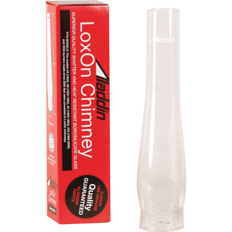 Tall clear glass chimney with printed logo next to red box packaging highlighting shatter resistance, suitable for Lamps & Lighting, Parts and Accessories, Chimneys and Globes, and Best Sellers collections.