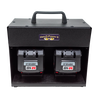 Black metal power inverter unit with a sturdy handle and dual battery slots for Milwaukee or DeWalt tool batteries, designed for stable AC power in farm, garden, and emergency use.