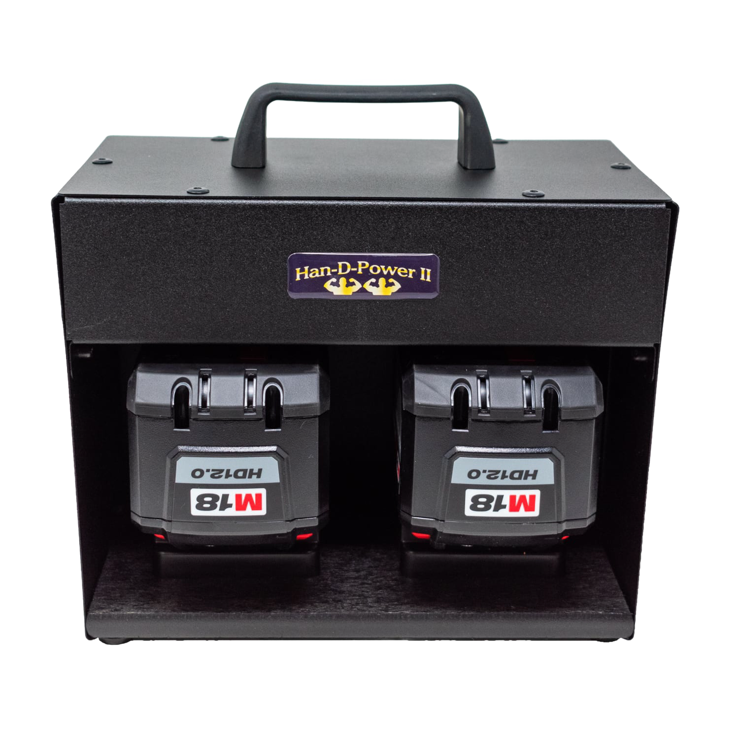 Black metal power inverter unit with a sturdy handle and dual battery slots for Milwaukee or DeWalt tool batteries, designed for stable AC power in farm, garden, and emergency use.