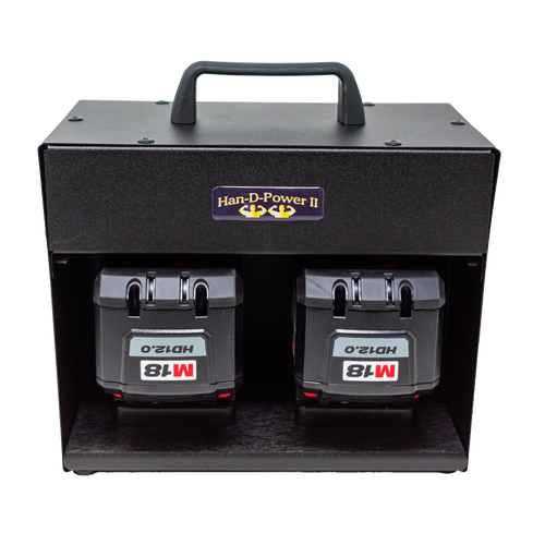 Black metal power inverter unit with a sturdy handle and dual battery slots for Milwaukee or DeWalt tool batteries, designed for stable AC power in farm, garden, and emergency use.