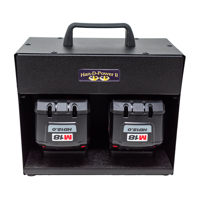 Black metal power inverter unit with a sturdy handle and dual battery slots for Milwaukee or DeWalt tool batteries, designed for stable AC power in farm, garden, and emergency use.