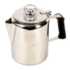 Polished stainless steel coffee percolator with stay-cool black silicone handle and clear plastic top, designed for brewing fresh coffee in Kitchen & Food, Brewing Coffee and Tea, Best Sellers, Promo Eligible collections.