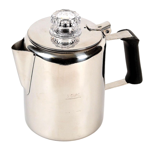 Polished stainless steel coffee percolator with stay-cool black silicone handle and clear plastic top, designed for brewing fresh coffee in Kitchen & Food, Brewing Coffee and Tea, Best Sellers, Promo Eligible collections.