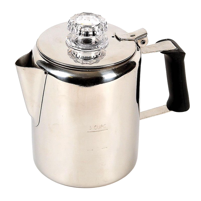 Polished stainless steel coffee percolator with stay-cool black silicone handle and clear plastic top, designed for brewing fresh coffee in Kitchen & Food, Brewing Coffee and Tea, Best Sellers, Promo Eligible collections.
