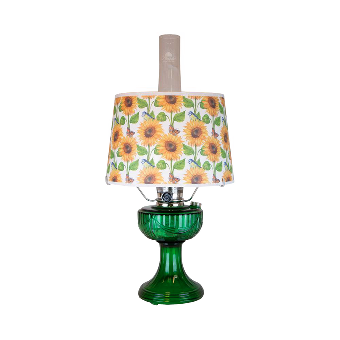 Handcrafted oil lamp featuring an Ohio-made emerald glass base and a bright sunflower-patterned shatterproof shade, ideal for Farm, Garden & Tool and Lamps & Lighting collections.