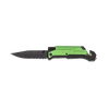 Handcrafted survival knife with bright green handle, black partially serrated blade, built-in glass breaker and seatbelt cutter, ideal for emergency supplies and camping gear.