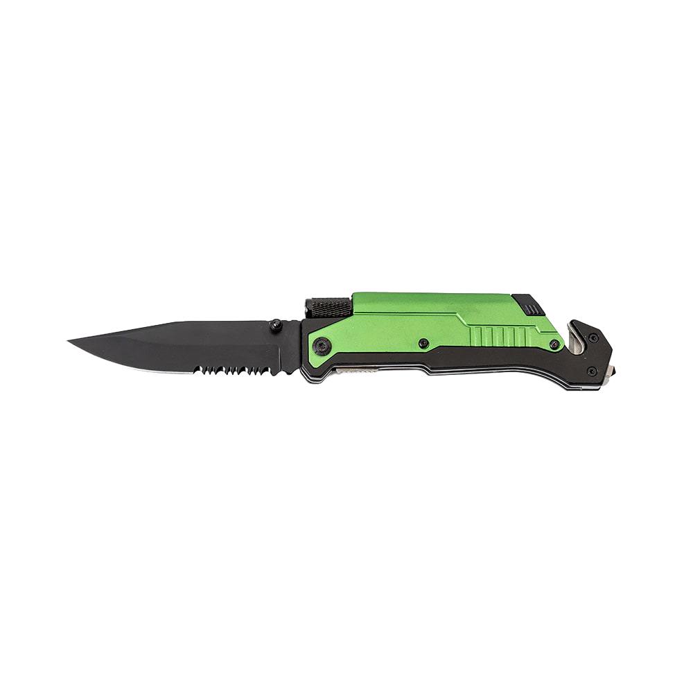 Handcrafted survival knife with bright green handle, black partially serrated blade, built-in glass breaker and seatbelt cutter, ideal for emergency supplies and camping gear.