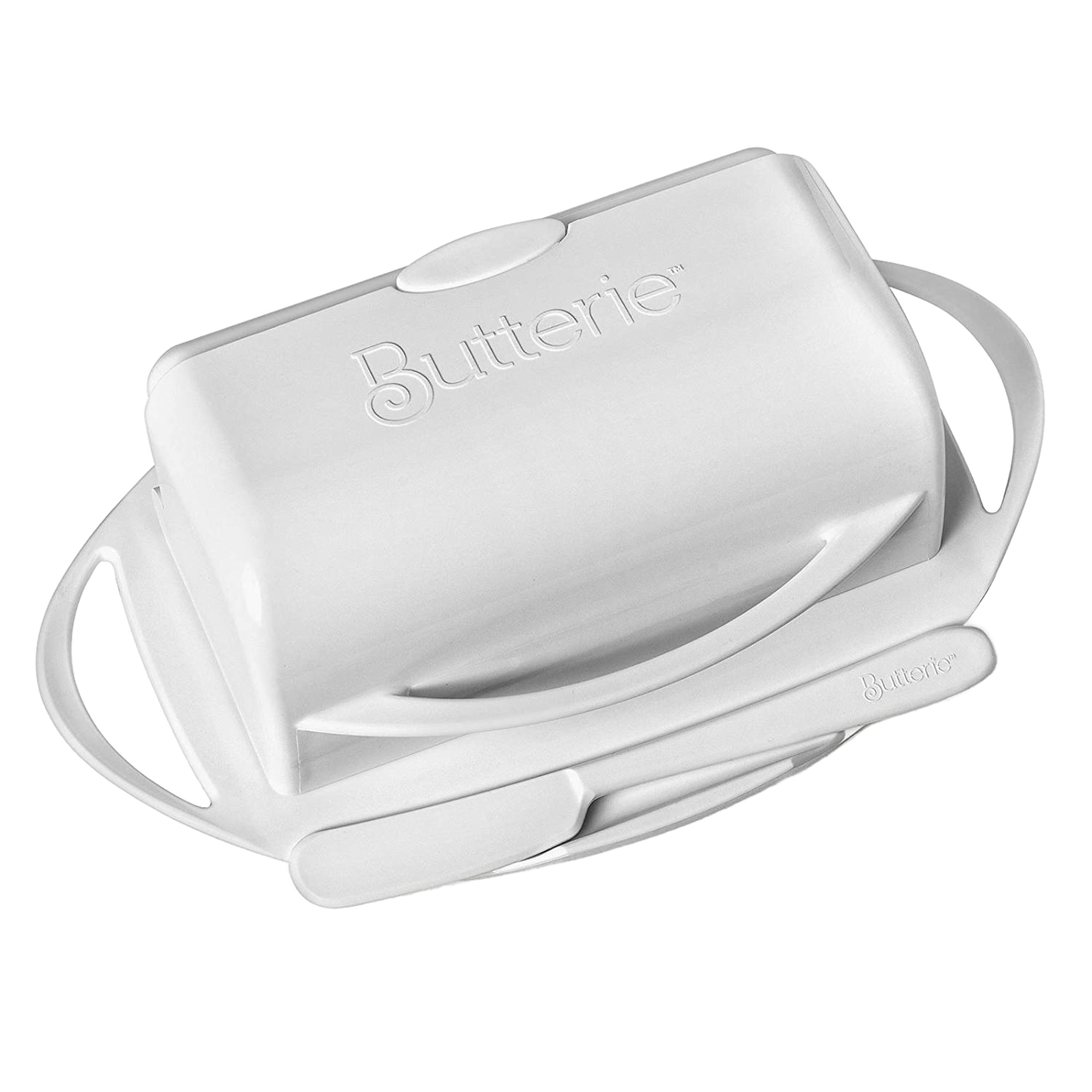 Creamy white flip-top butter dish with matching spreader resting on a tray, designed for easy, mess-free butter storage and spreading in Kitchen & Food and Kitchen Gadgets collections.