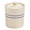 Handcrafted small stoneware canister with natural finish and double blue stripes, featuring a fitted lid; ideal for Kitchen & Food, Storage and Serving, USA Made, and Best Sellers collections.