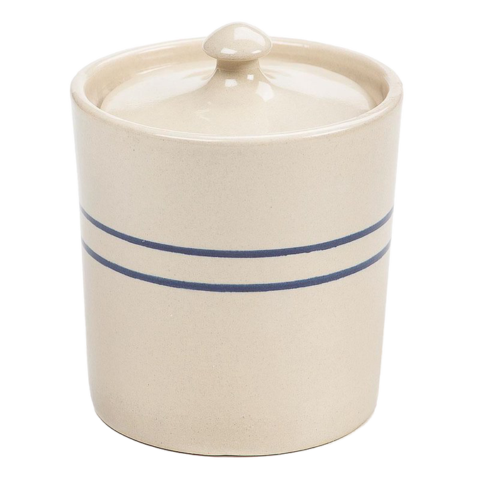 Handcrafted small stoneware canister with natural finish and double blue stripes, featuring a fitted lid; ideal for Kitchen & Food, Storage and Serving, USA Made, and Best Sellers collections.