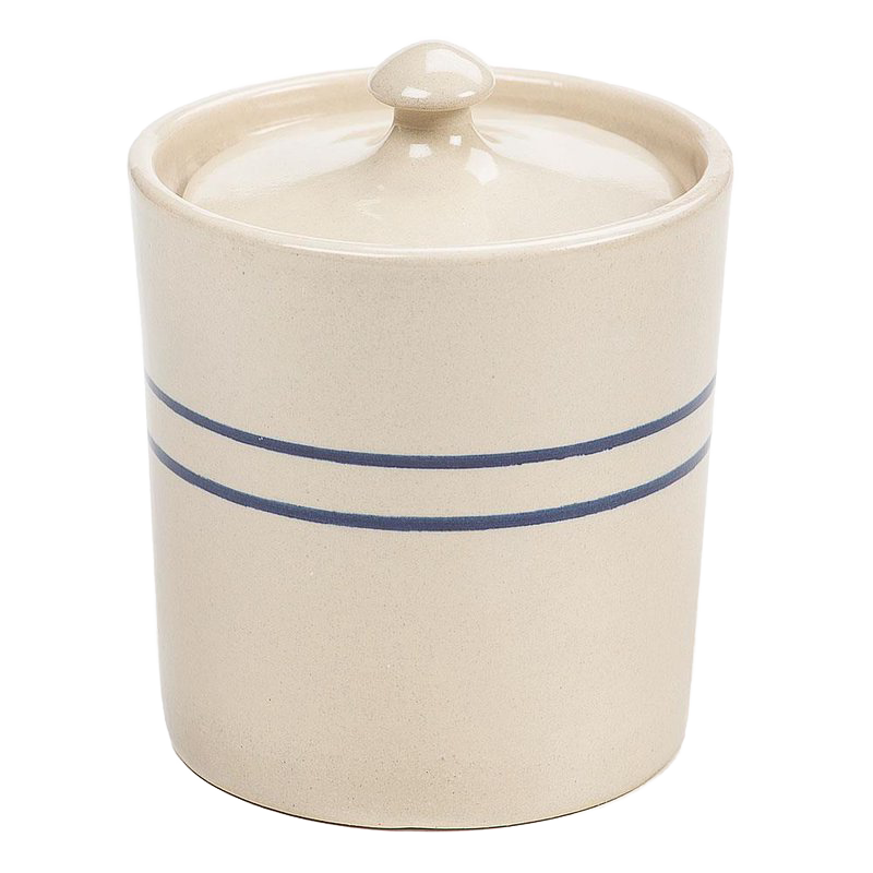 Handcrafted small stoneware canister with natural finish and double blue stripes, featuring a fitted lid; ideal for Kitchen & Food, Storage and Serving, USA Made, and Best Sellers collections.