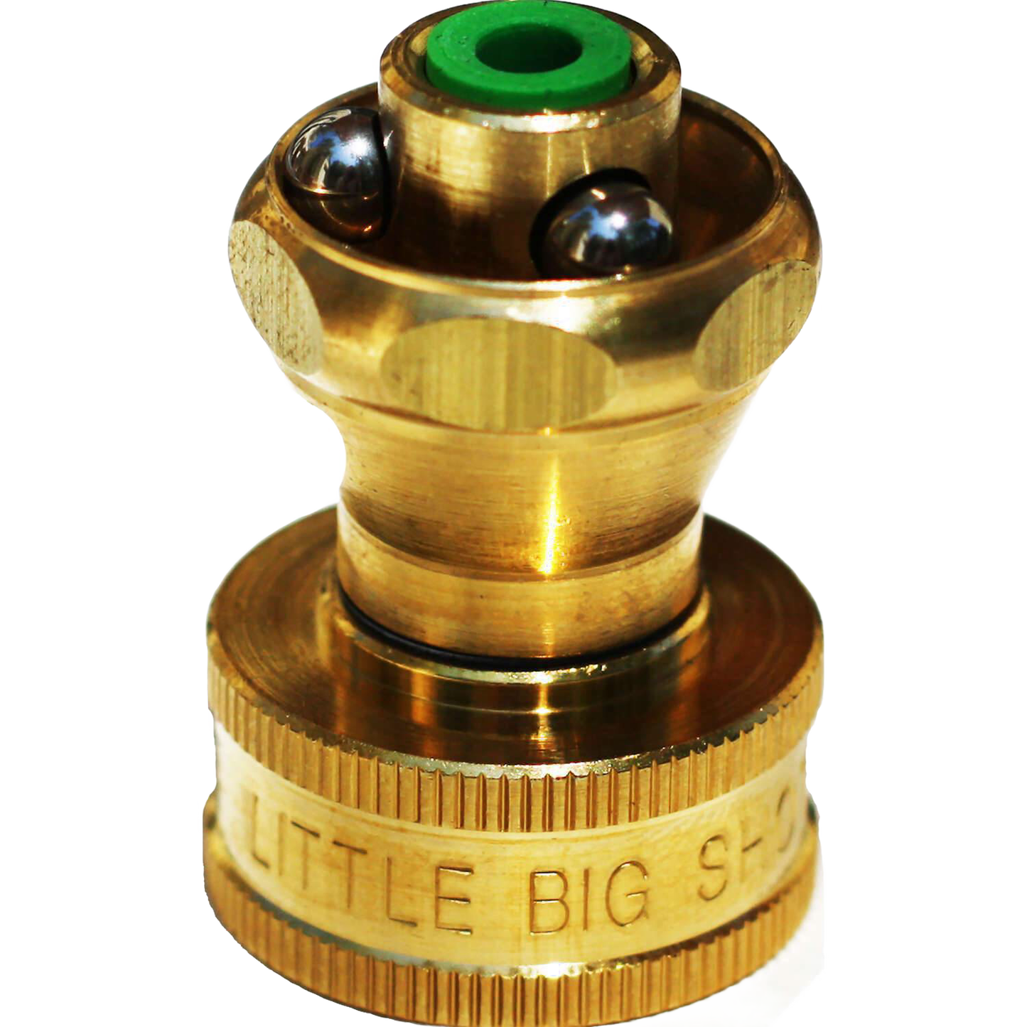 Solid brass garden hose nozzle with precision ball bearings, designed for efficient watering with increased force and water savings, featured in Farm, Garden & Tool and USA Made collections.