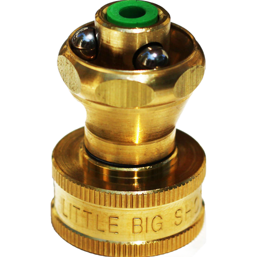 Solid brass garden hose nozzle with precision ball bearings, designed for efficient watering with increased force and water savings, featured in Farm, Garden & Tool and USA Made collections.