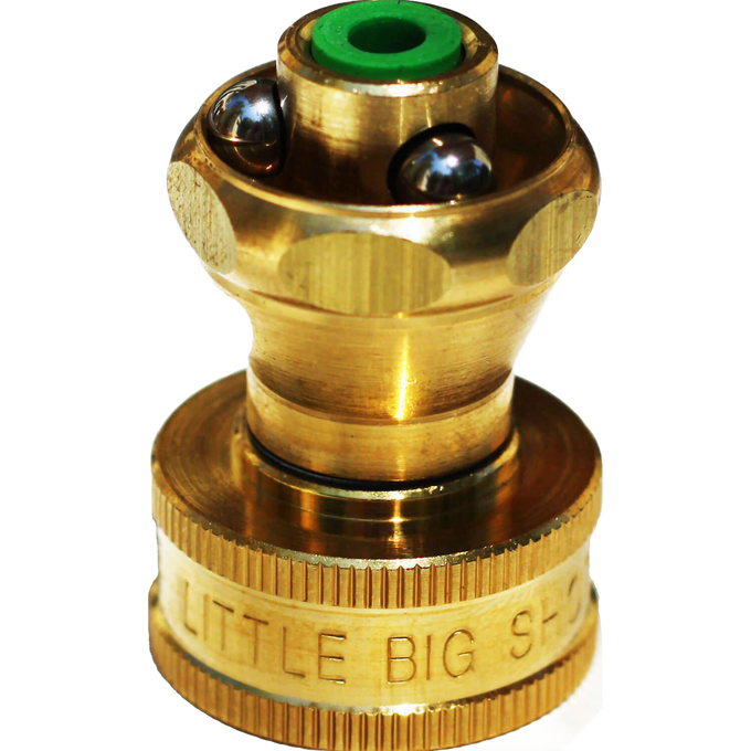 Solid brass garden hose nozzle with precision ball bearings, designed for efficient watering with increased force and water savings, featured in Farm, Garden & Tool and USA Made collections.