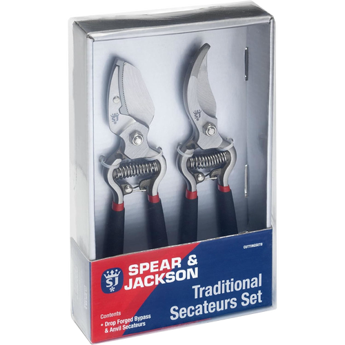Set of two drop-forged bypass and anvil secateurs with ergonomic black handles and red accents, ideal for precise pruning in Farm, Garden & Tool, Garden Accessories, and Lawncare.
