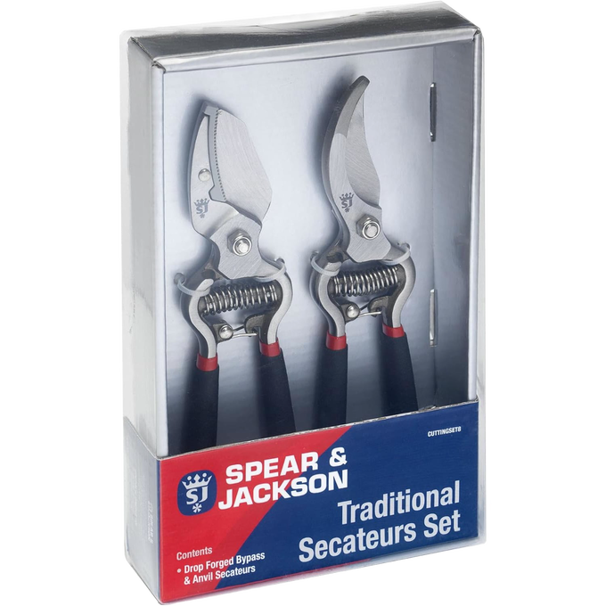 Set of two drop-forged bypass and anvil secateurs with ergonomic black handles and red accents, ideal for precise pruning in Farm, Garden & Tool, Garden Accessories, and Lawncare.