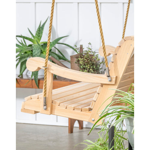 Close-up of handcrafted porch swing featuring durable soft-touch rope and metal hardware, surrounded by green plants, ideal for Home & Decor, Outdoor Furniture, USA Made, Best Sellers, and Promo Eligible collections.