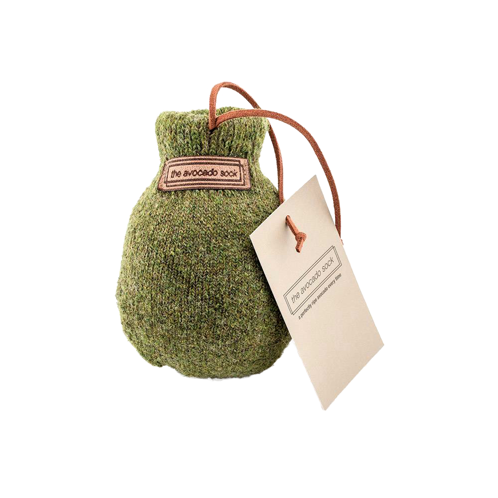 Olive-colored natural wool ripening sock sized for one avocado, with tag and leather loop, featured in Kitchen & Food, Kitchen Gadgets, and Best Sellers collections.