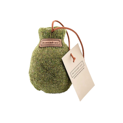 Olive-colored natural wool ripening sock sized for one avocado, with tag and leather loop, featured in Kitchen & Food, Kitchen Gadgets, and Best Sellers collections.