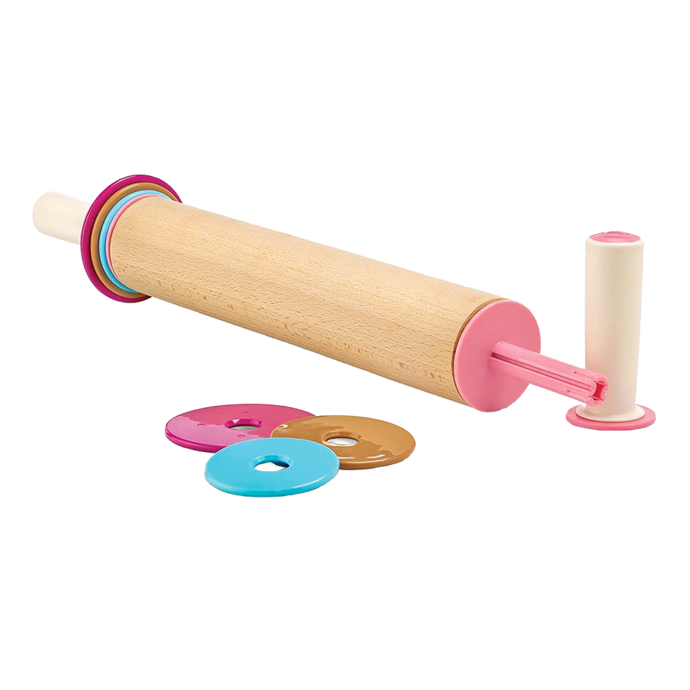 Beechwood adjustable rolling pin with removable colorful discs and pink handles for setting dough thickness, part of Kitchen & Food, Baking Supplies, and Cookware collections.