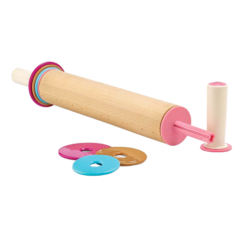 Beechwood adjustable rolling pin with removable colorful discs and pink handles for setting dough thickness, part of Kitchen & Food, Baking Supplies, and Cookware collections.