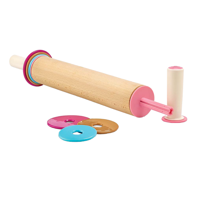 Beechwood adjustable rolling pin with removable colorful discs and pink handles for setting dough thickness, part of Kitchen & Food, Baking Supplies, and Cookware collections.