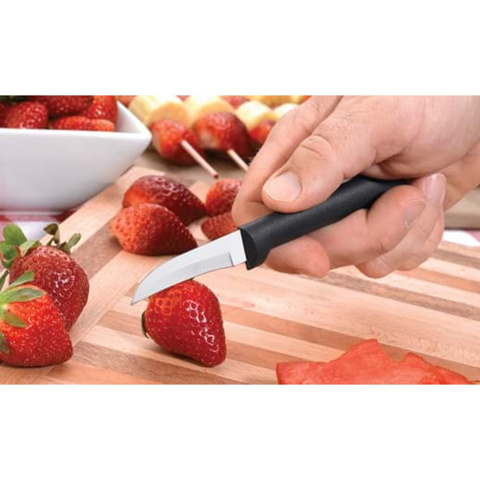 Handcrafted Rada Granny Parer featuring a hand-sharpened high carbon surgical stainless steel blade and solid black handle slicing fresh strawberries, made in USA, ideal for Kitchen & Food and Farm, Garden & Tool collections.